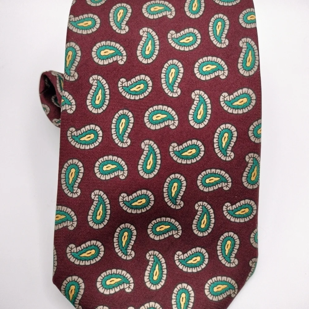 LANDS' END Debonaire Burgundy Green Gray Paisley Men's Silk Neck Tie